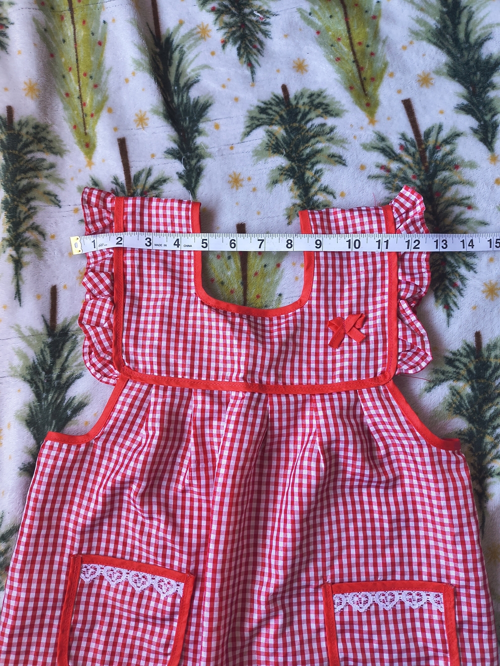 For to 4-6- Years Vintage Red Gingham Kids Pinafore Apron with Ruffle Trim - Picture 5 of 6